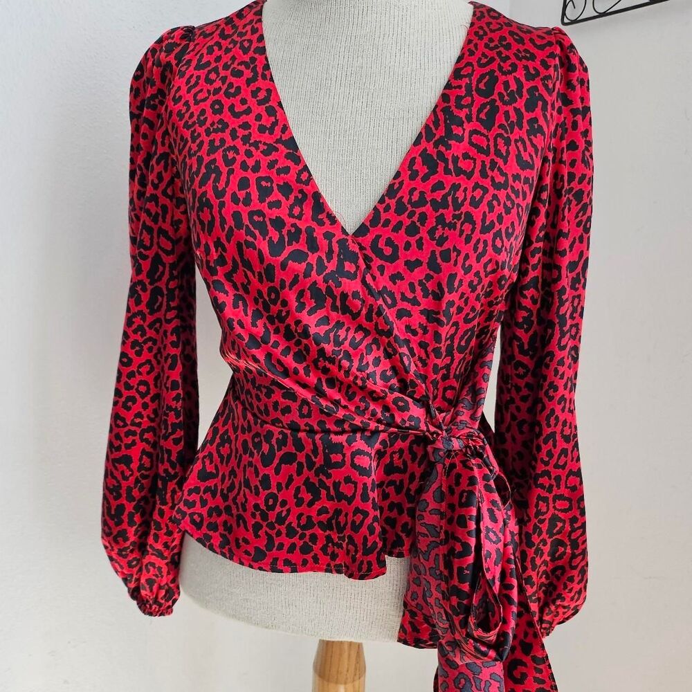 Leopard Women's wrap snatched waisted blouse bold colors animal print Size S
